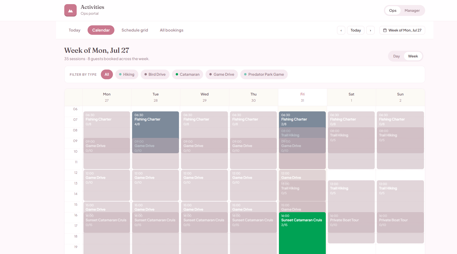 Activities calendar showing booked sessions, tickets and packages across time slots