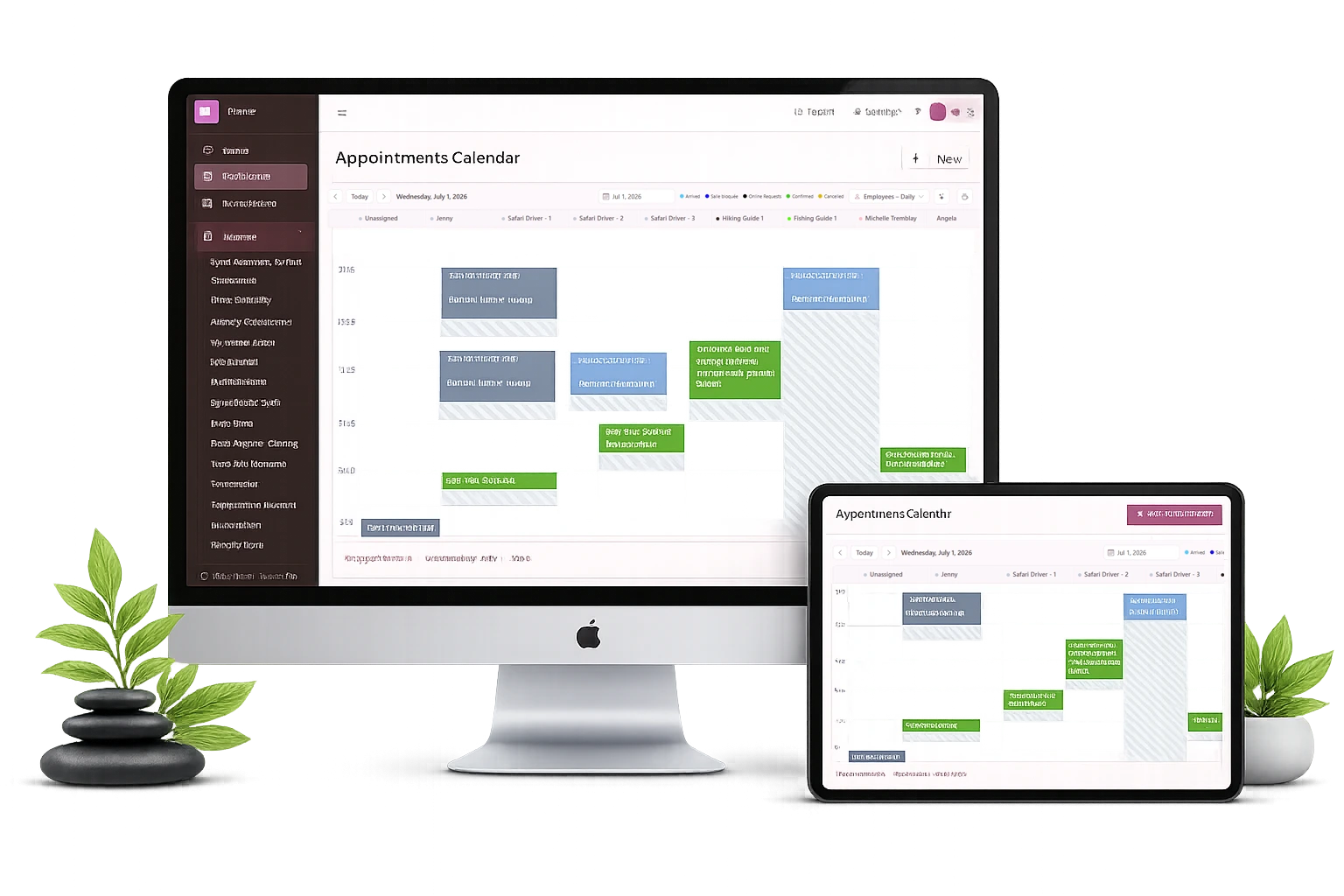 Salon appointment calendar day view on desktop and tablet, with stylist columns and colour-coded bookings