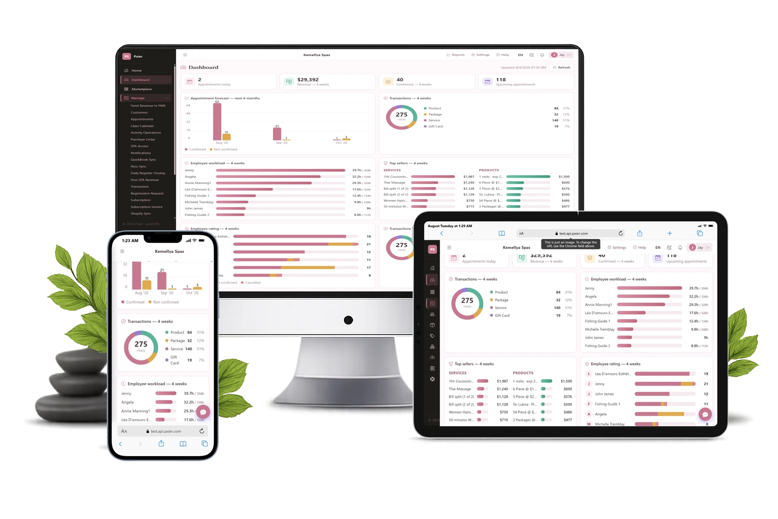 Pxier salon software on desktop, laptop, tablet and mobile &mdash; dashboard with today's appointments, revenue and stylist workload